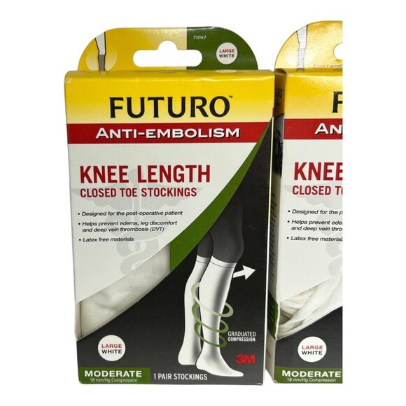 Futuro Stockings Unisex L Anti Embolism Knee Length Closed Toe White 71057‎ 2 PK - Picture 2 of 3